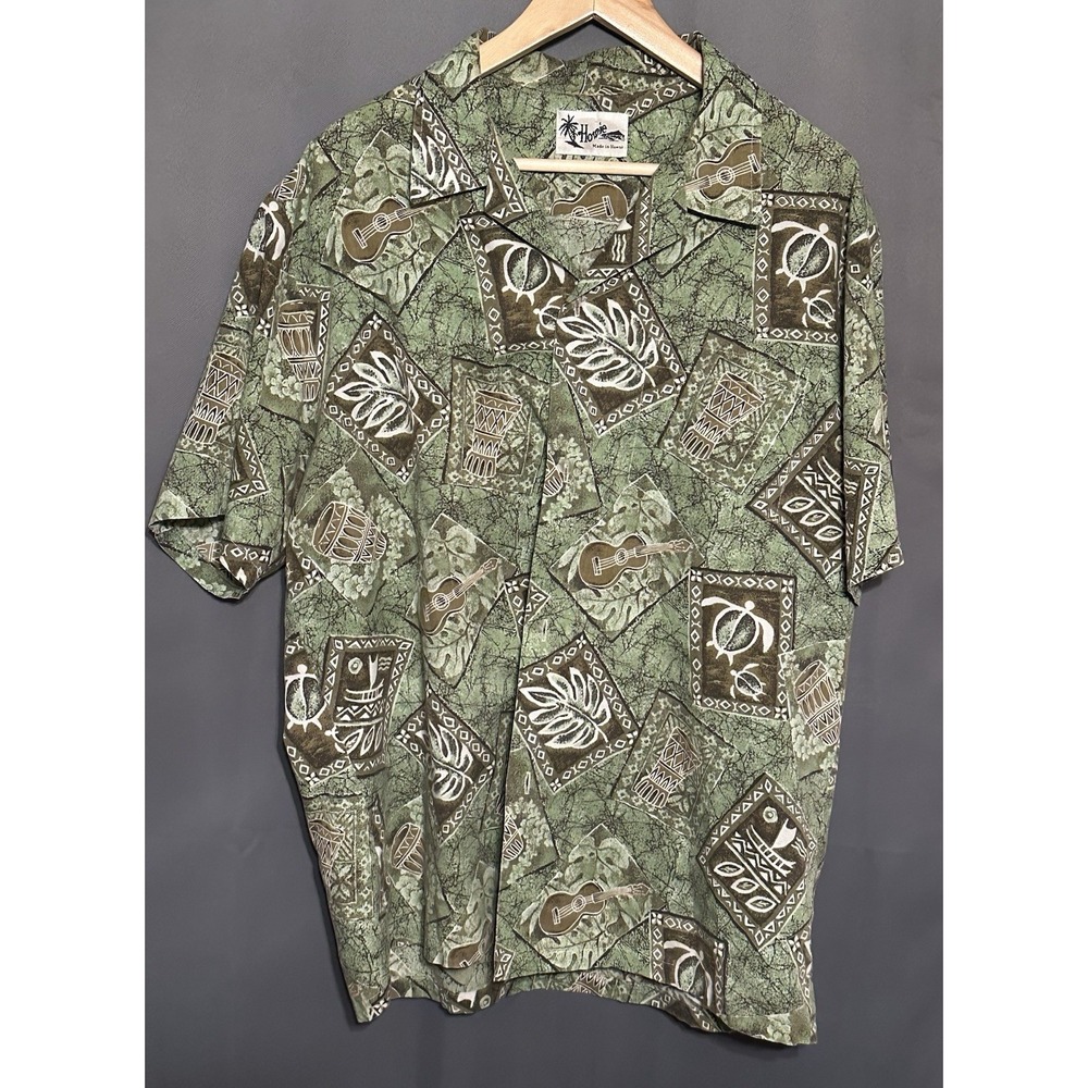 Howie Made in Hawaii Mens Green Tropical Aloha Shirt Ukulele Turtle Print XL